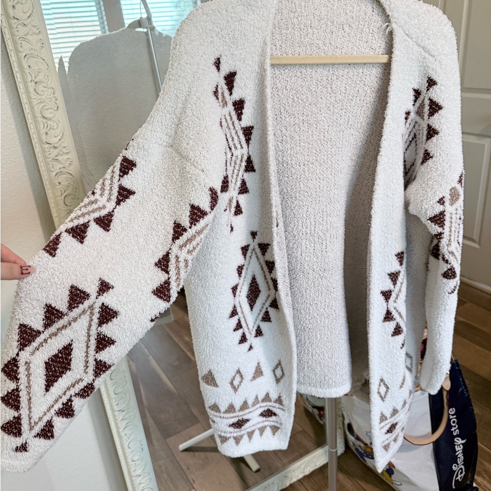 SHEIN White and Brown Geometric Cardigan